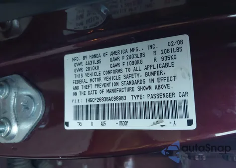 2008 Honda Accord 2.4 Ex-L from USA, damaged, VIN 1HGCP26838A098983
